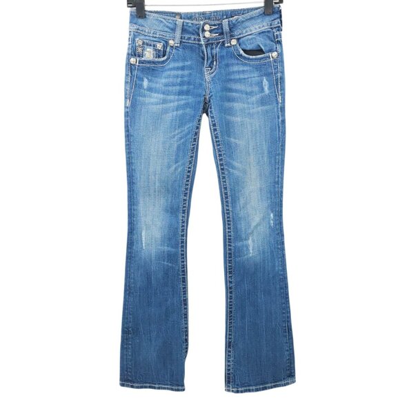 Miss Me Boot Cut Jeans READ Womens 26 Flap Pockets Low Rise Distressed Denim - Picture 1 of 16